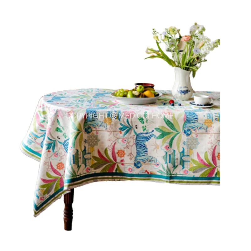 DecorBites™ Jungle Vibes Tablecloth: Tiger Plants & Pagoda Print for Kitchen Garden