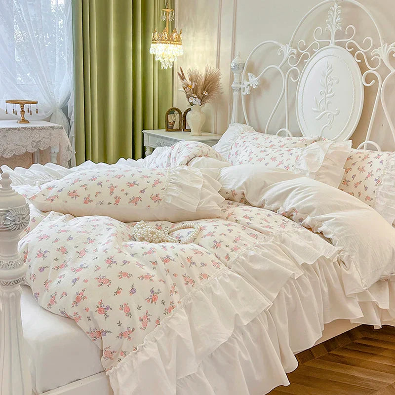 Decorbites™ Baumwoll-Bettwäsche-Set mit Blumenmuster und Falten-Spitzen-Volants, 4-teiliges Ensemble