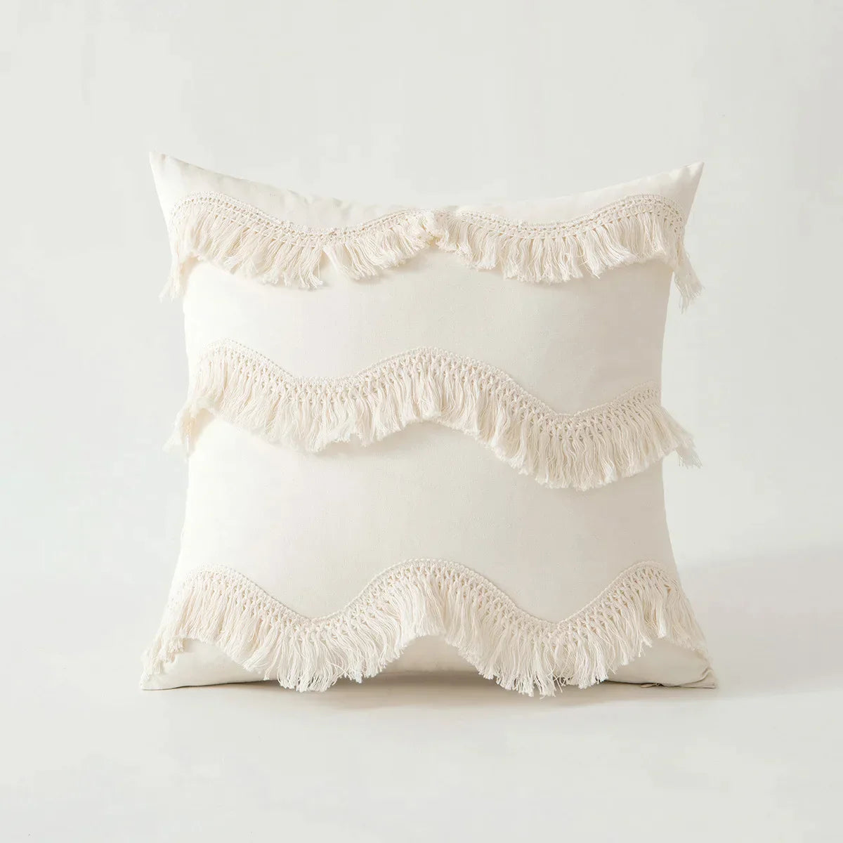 DecorBites™ Beige Tufted Fringed Cushion Cover Cotton Linen Tassel Crochet Pillow Cover