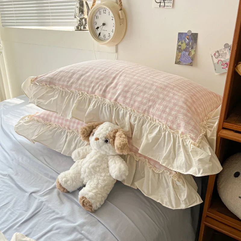 Decorbites™ Koreanische Prinzessinnen-Stil Baumwoll-Bettwäsche-Set mit Rüschen und Spitze