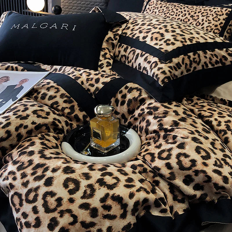 Decorbites™ Leopard-Muster Lyocell-Baumwoll-Bettwäsche-Set, Luxus-Daunenbezug, Laken & Kissenbezüge