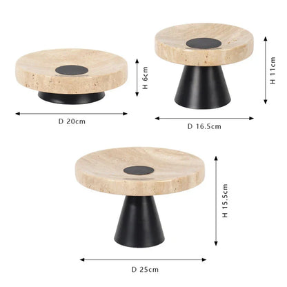 Decorbites™ Beige Travertin-Marmor-Tablett auf Metallbasis – Vintage Rundes Serviergestell
