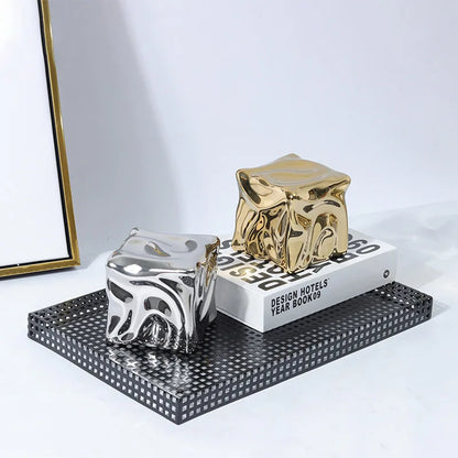 DecorBites™ Gold Ceramic Geometric Irregular Fold Pattern Decorative Figurine