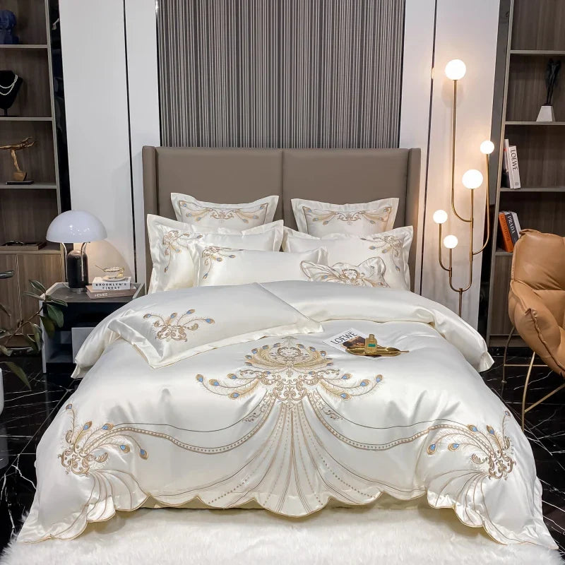 DecorBites™ Gold Feather Embroidery Egyptian Cotton Patchwork Bedding Set