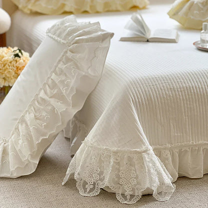 Decorbites™ Spitzen-Volants-Bettwäsche-Set in Perlmutt-Weiß Creme Gelb Prinzessin-Baumwolle