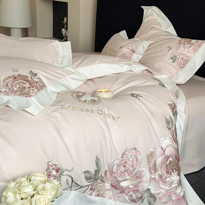 Decorbites™ 4-teiliges Bettwäsche-Set mit rosa-lila Blumenstickerei in 1000TC ägyptischer Baumwolle