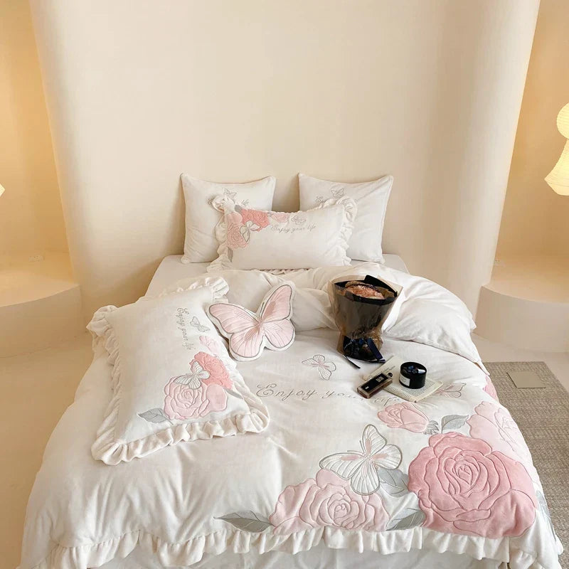 Decorbites™ Spitzen-Volants-Prinzessinnen-Bettwäsche-Set, Schmetterlingsblumen-Stickerei, Gemütliche Bettwäsche mit Bettlaken und Kissenbezügen