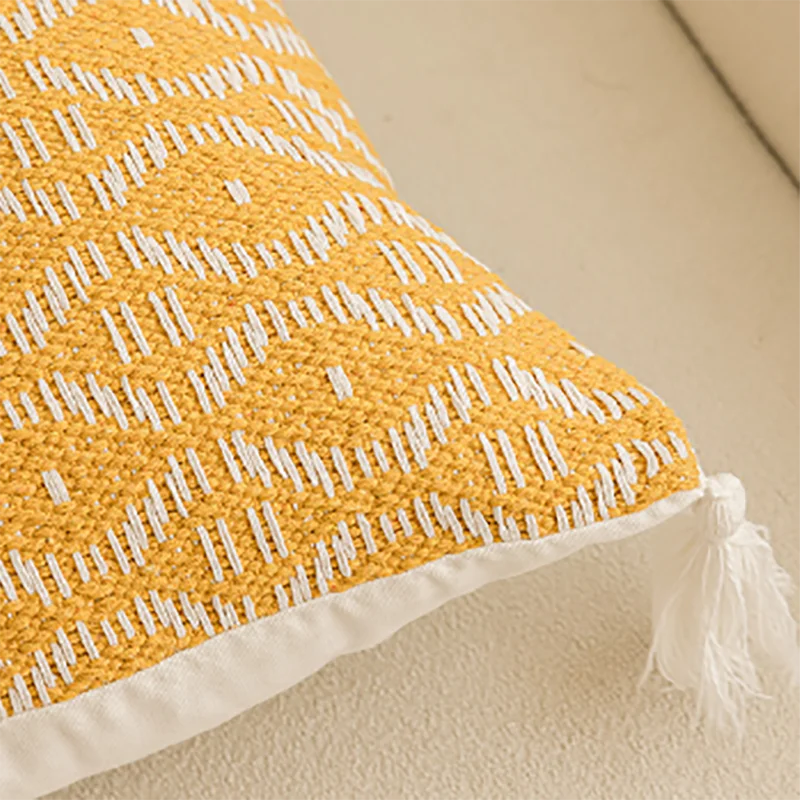 Decorbites™ Geometrisches Tufting-Kissenbezug mit Häkelquasten – Nordisches Gelbes Gestreiftes Kissenbezug