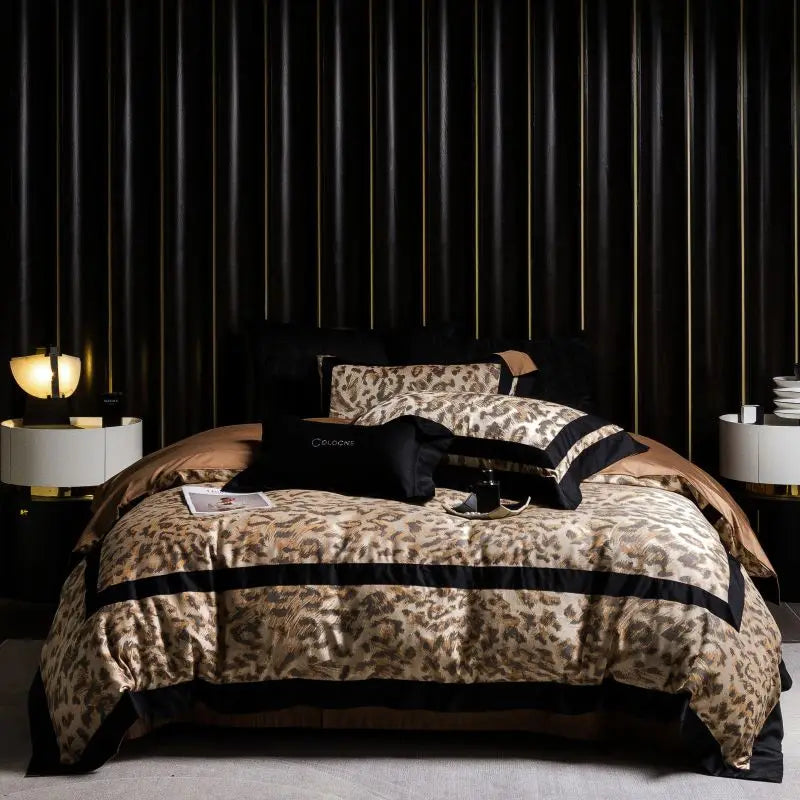 Decorbites™ Leopard Jacquard 1000TC Lyocell-Baumwoll-Bettwäsche-Set: Daunendecke, Laken, Kissenbezüge