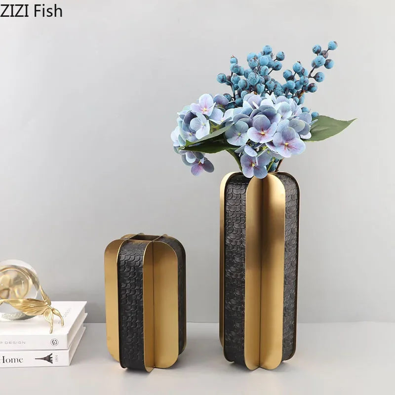 DecorBites™ Golden Geometry Vase Artificial Flower Desk Decor - Leather Floral Room Aesthetic