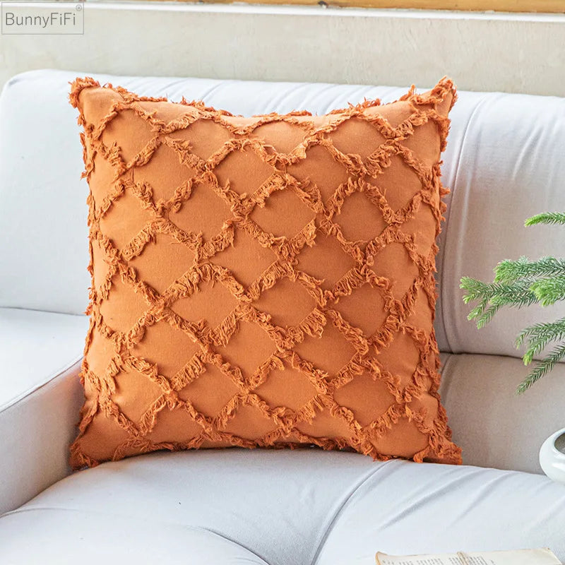 DecorBites™ Cotton Diamond Cushion Cover in Mustard Orange Beige for Living Room Sofa Bed
