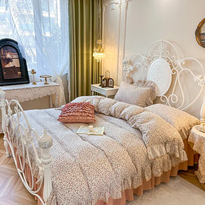 DecorBites™ Double Layer Lace Ruffles Floral Bedding Set with Duvet Cover, Bed Skirt, Pillows