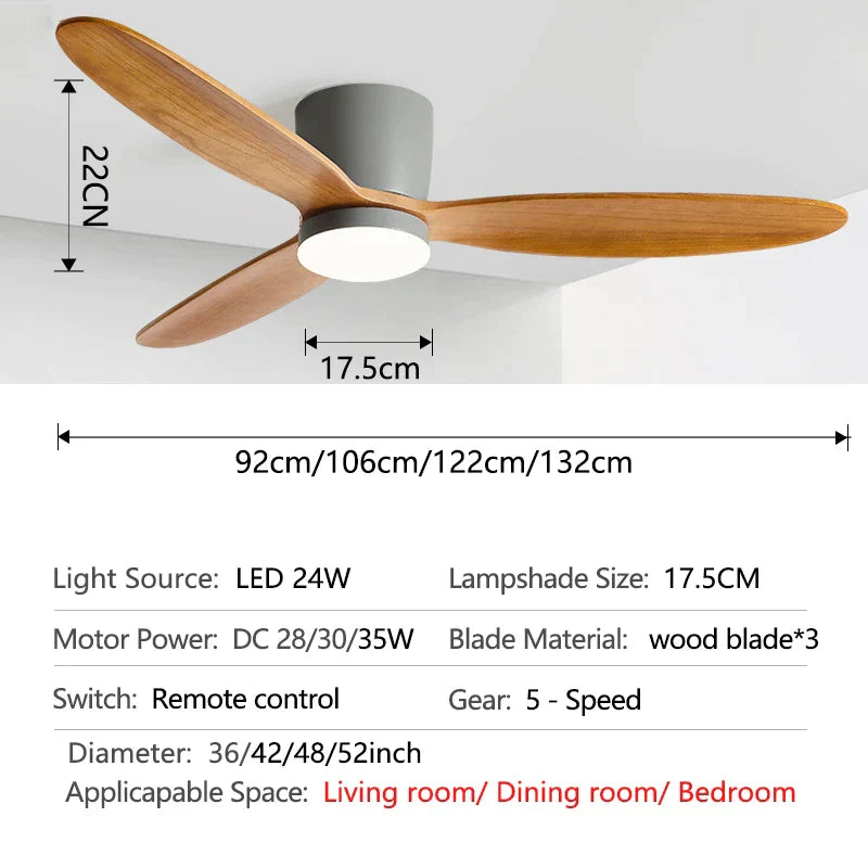 Decorbites™ 3-Blatt-Drehstrommotor 35W Deckenventilator für niedrige Decken mit 24W Dreifarb-Licht & Fernbedienung