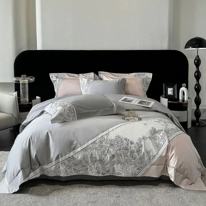 Decorbites™ Luxus-Schmetterlingsblumen-Stickerei-Bettwäsche-Set mit Steppdecke Bezug Laken Kissenbezügen 4Stk