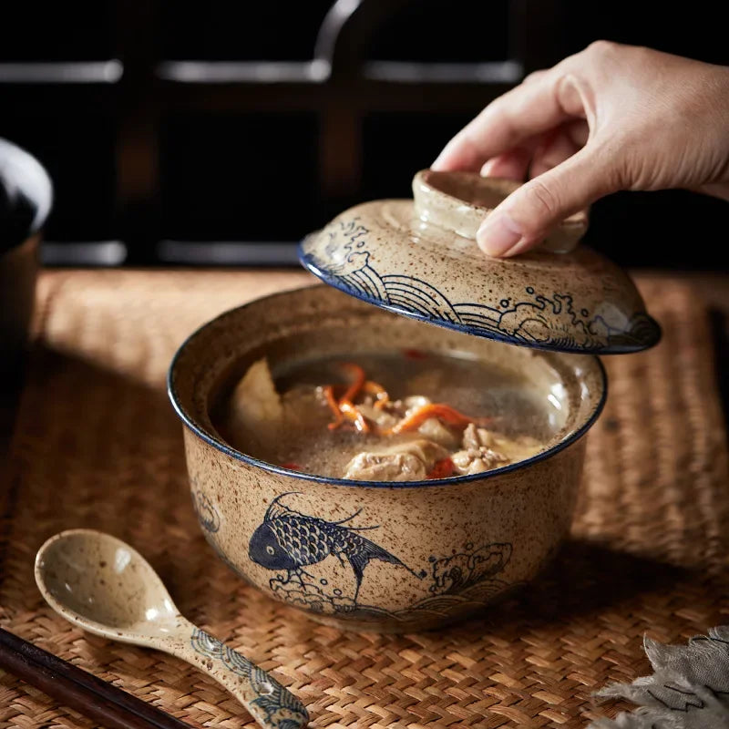 Decorbites™ Japanischer Stil Ramen-Schüssel mit Deckel | Keramische Nudelschüssel für Suppe, Reis, Brei