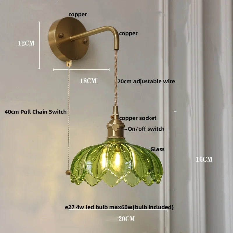 DecorBites™ Green Glass LED Wall Lights Fixture with Pull Chain Switch