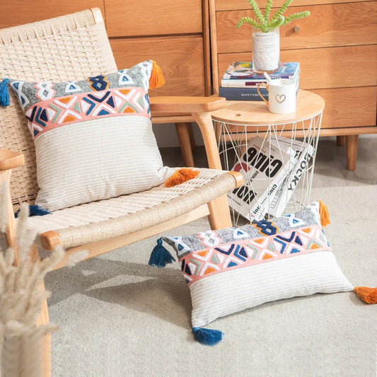 Decorbites™ Besticktes blaues tuftetes Boho-Kissenbezug mit Quaste, Lumbales Dekorationskissen