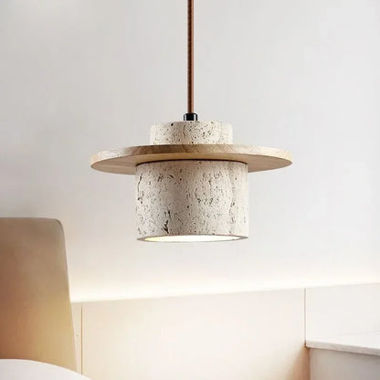 Modern Travertine Stone Pendant Light With Walnut Accent