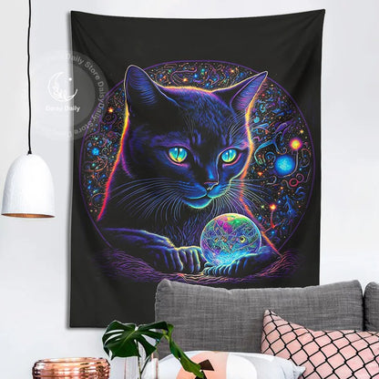 Decorbites™ Schwarze Katze Gobelin: Trippy Magischer Kristallkugel Wandkunst für Boho Heimdekoration