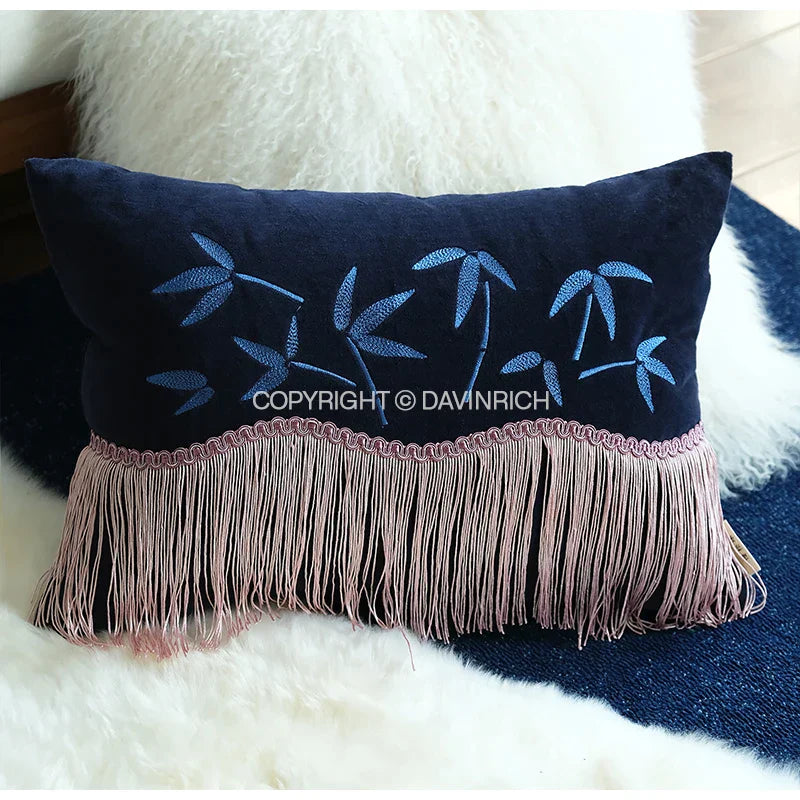 DecorBites™ Bamboo Embroidered Fringed Velvet Lumbar Pillow Cover 30x50cm Luxurious Artistic Oriental Style