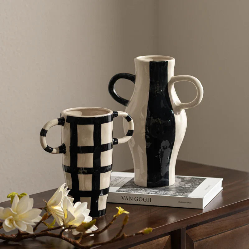 DecorBites™ Geometric Check Pattern Ceramic Vase with Handle for Home Decoration