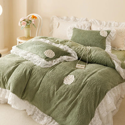 Decorbites™ Luxus-Geschnitztes Samt-Spitzen-Volants-Bettwäsche-Set mit Steppdecken-Bettrock