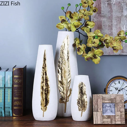Decorbites™ Goldene Feder-Vase & Künstliche Blumen-Set - Modernes Wohnraum-Dekor