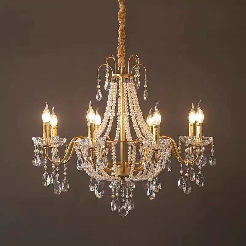 Gold Crystal Pearl Chandelier Iron D98cm