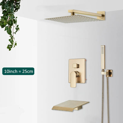 Quyanre Brushed Gold Shower Faucets Set Bathroom Wall Mounted Shower System Embedded Box Shower Mixer Tap Rainfall Shower Faucet