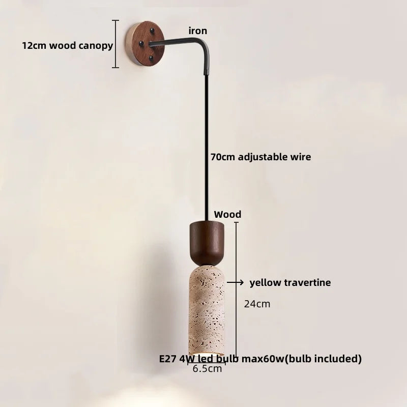 DecorBites™ LED Wall Lamp Pull Chain Switch Wood Nordic Modern Yellow Travertine Mirror Light