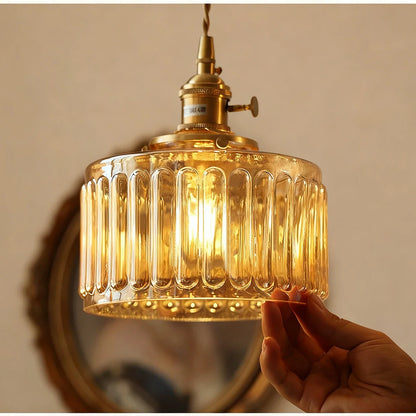 Vintage Amber Glass Pendant Light With Brass Detail