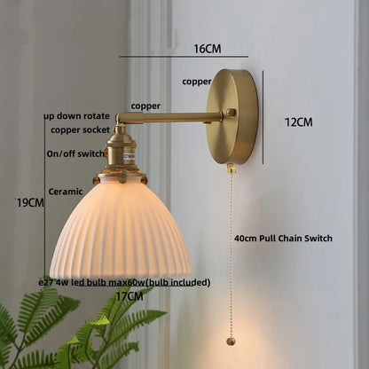 DecorBites™ Copper LED Sconce Wall Lamp Pull Chain Switch Nordic Modern Ceramic Mirror Light