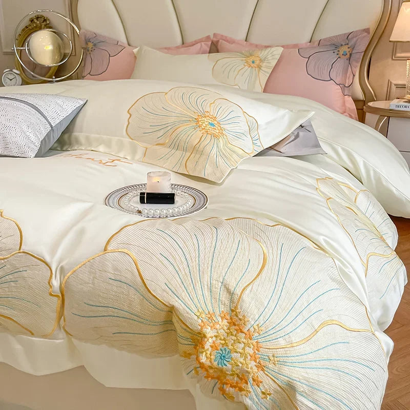 Decorbites™ Besticktes Ägyptisches Baumwoll-Bettwäsche-Set für King Queen RU Bettwäsche
