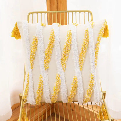 DecorBites™ Geometric Tufted Embroidery Flowers Boho Cushion Cover with Tassel