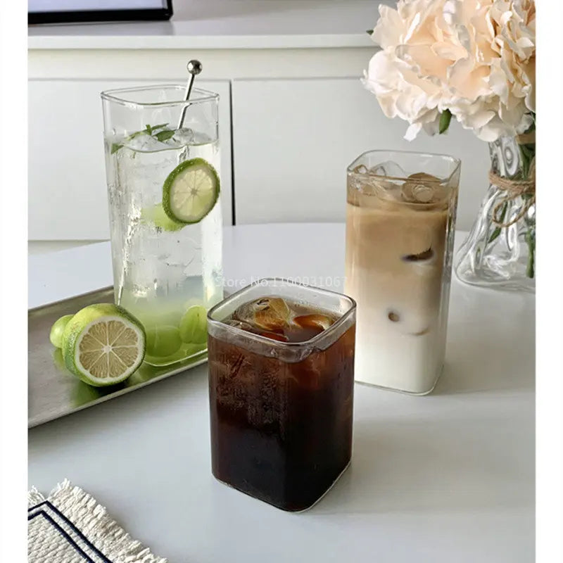 DecorBites™ 500ml Square Glass Juice Cup - Transparent & Heat-Resistant