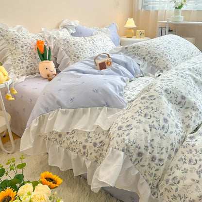 Decorbites™ Koreanische Prinzessin Blumen-Volants-Bettwäsche-Set: Einzel-/Queen-Duvet, Bezug & Kissenbezüge