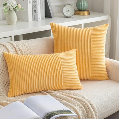 DecorBites™ Corduroy Striped Patchwork Throw Pillow Covers Set, Farmhouse Style Yellow Classic Pillowcases