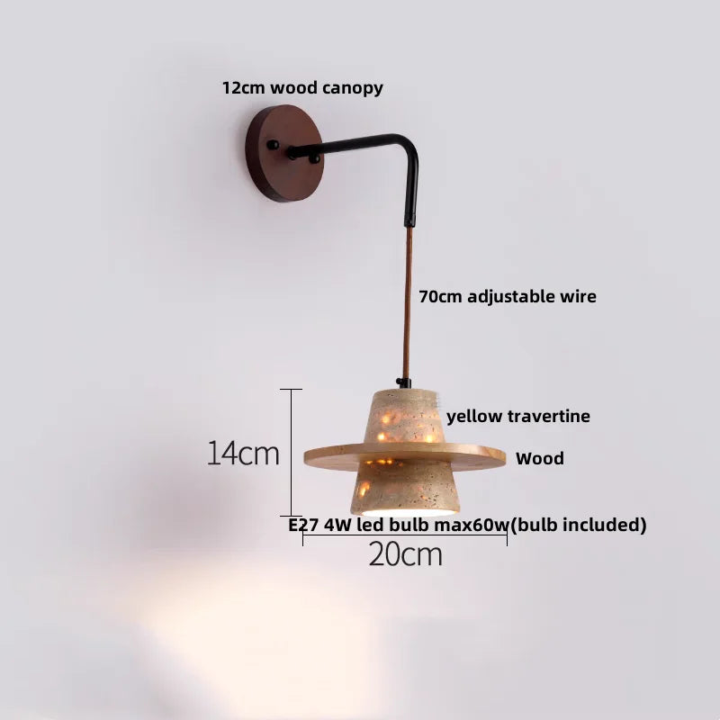 DecorBites™ Copper Wood LED Wall Sconce Yellow Travertine Stone Bedside Light