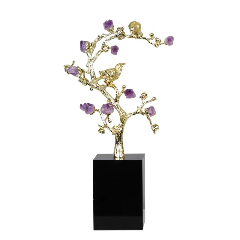 Decorbites™ Goldener Baum Kristallblüte Messing Amethyst Dekoration mit Goldenen Vogel-Figuren