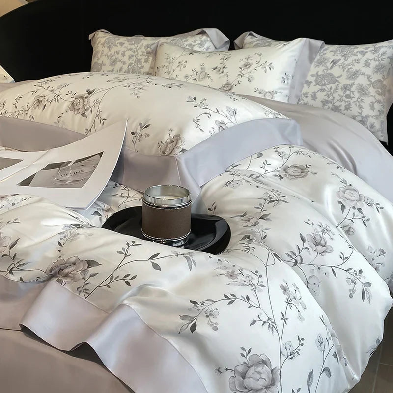 Decorbites™ Bettwäsche-Set aus Eukalyptusfasern Blumenmuster: Bettbezug, Bettlaken, Kissenbezug – 4 Teile