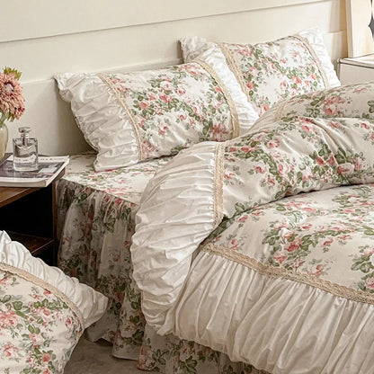 DecorBites™ French Pastoral Princess Lace Bedding Set with Ruffles, 100% Cotton, Queen King