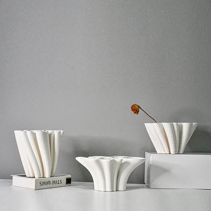 DecorBites™ Geometric Ceramic Fold Pattern Flower Vase Decorative Home Ornament