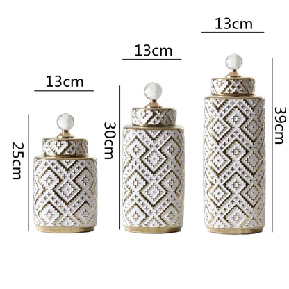 DecorBites™ Geometric Golden Relief Decorative Jar - Ceramic Crystal Vase Storage Jar