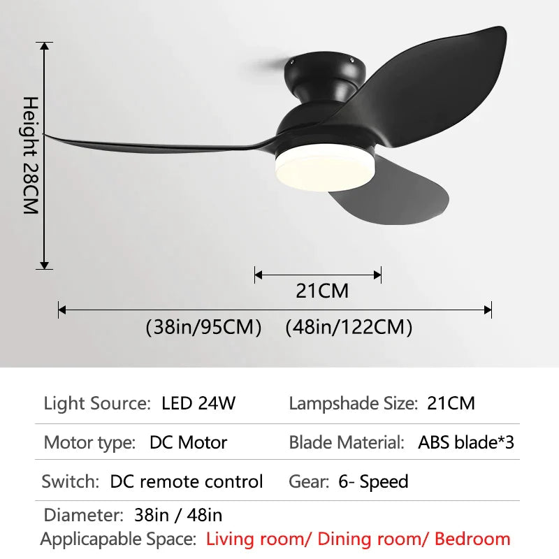 Decorbites™ 48" Schwarzer Deckenventilator mit niedrigem Bodenabstand, modernem Design und LED-Licht