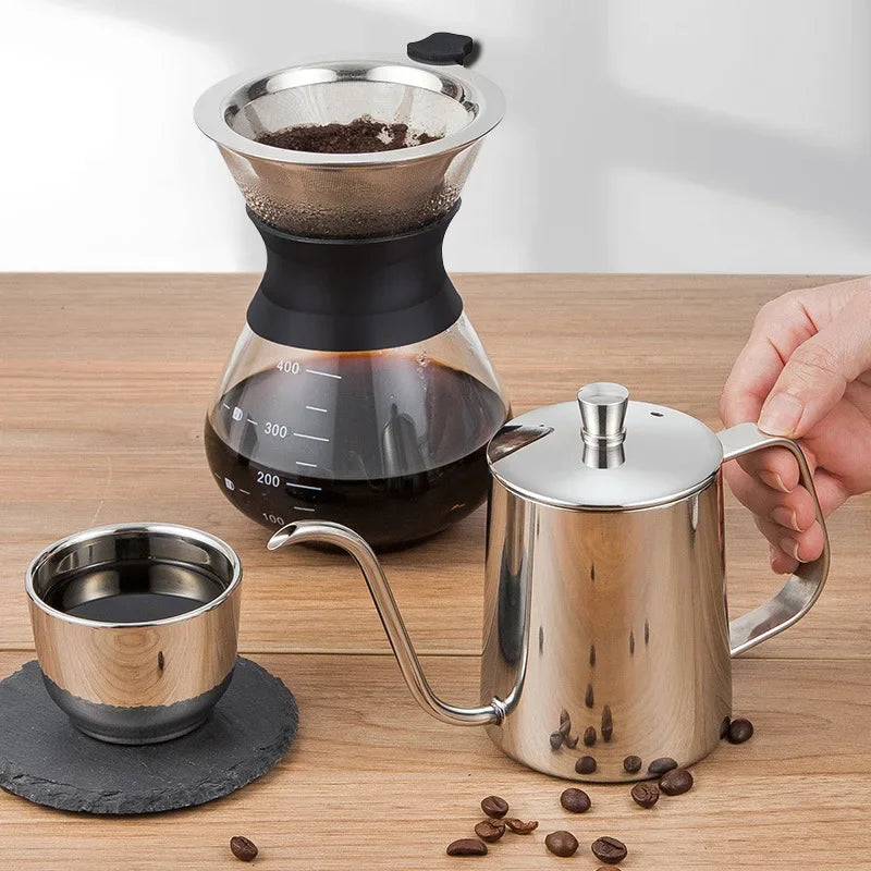 DecorBites™ Glass Coffee Maker Pot Barista Kettle Stainless Steel Strainer Pitcher