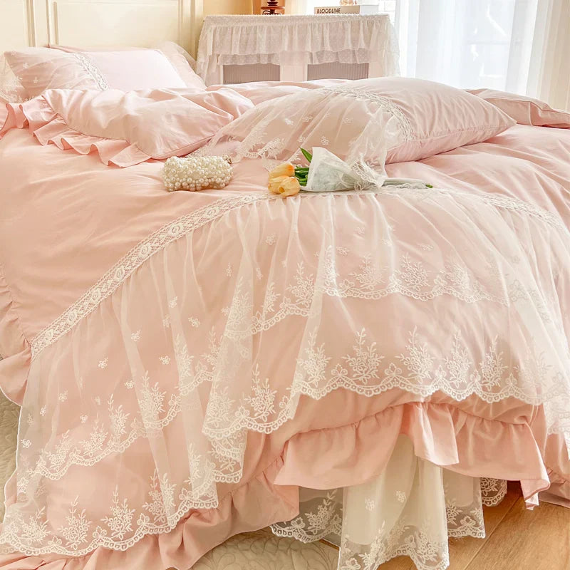 Decorbites™ Französische Prinzessin-Spitzen-Volants-Bettwäsche-Set, 100% Baumwolle, Pink Romantisches Thema