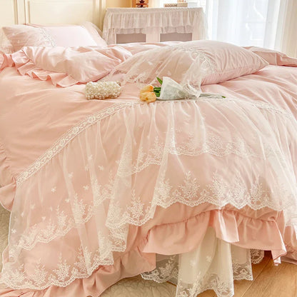 Decorbites™ Französische Prinzessin-Spitzen-Volants-Bettwäsche-Set, 100% Baumwolle, Pink Romantisches Thema