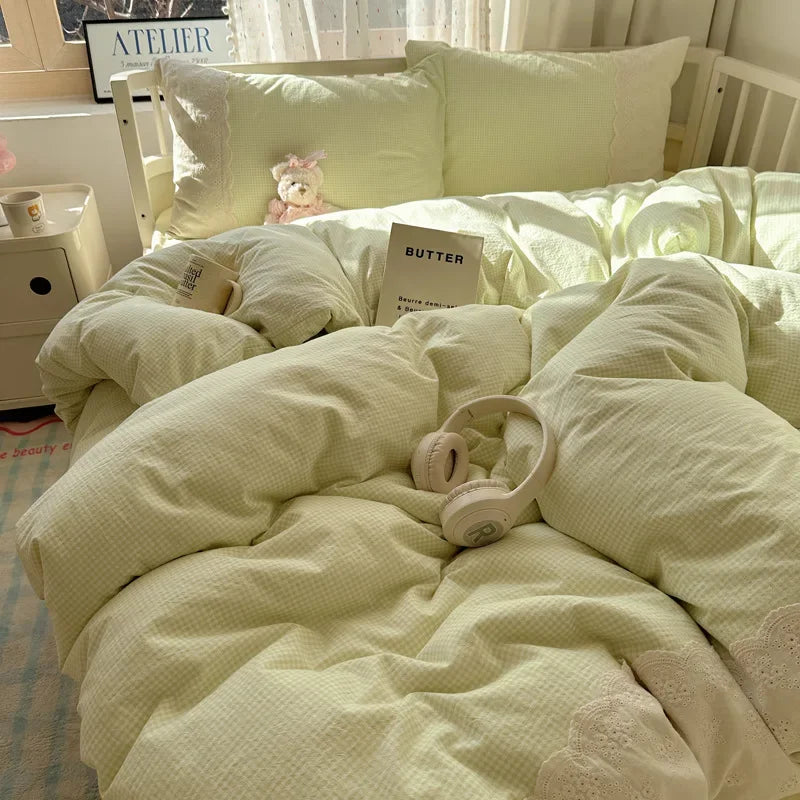Decorbites™ Spitzenbettwäsche-Set mit Daunendeckelbezug 4 Teile Französisches gewaschenes Baumwollgewebe für Einzel- und Doppelbetten
