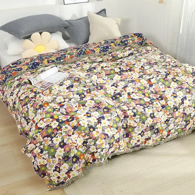DecorBites™ Gauze Flowers Double-Sided Cotton Throw Blanket with Tassels