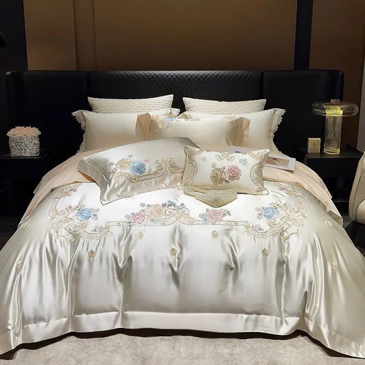 Decorbites™ Luxus-Brokat-Baumwolle-Blumen-Stickerei-Bettwäsche-Set Creme/Champagner-Patchwork